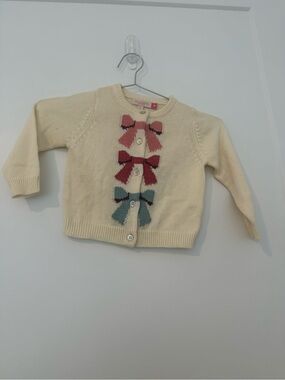 Pink Chicken Cream Knit Cardigan with Pink and Teal Bows
